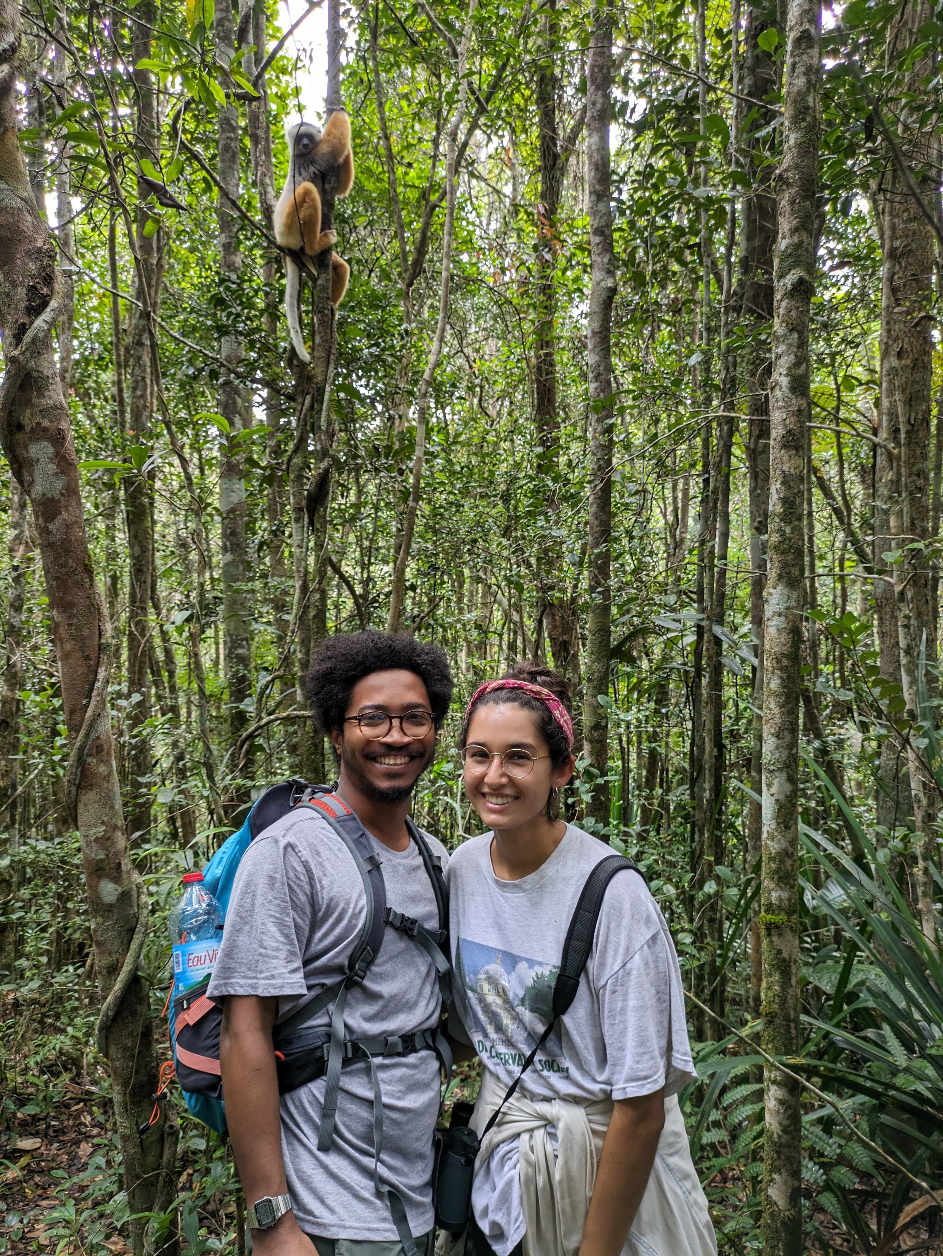 OloNala team members in the rainforest with a lemur above them